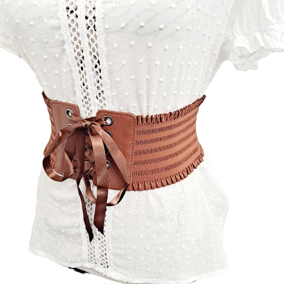 Wide Brown lace up corset elastic boho stretch waist ruffle statement belt - Picture 6 of 11